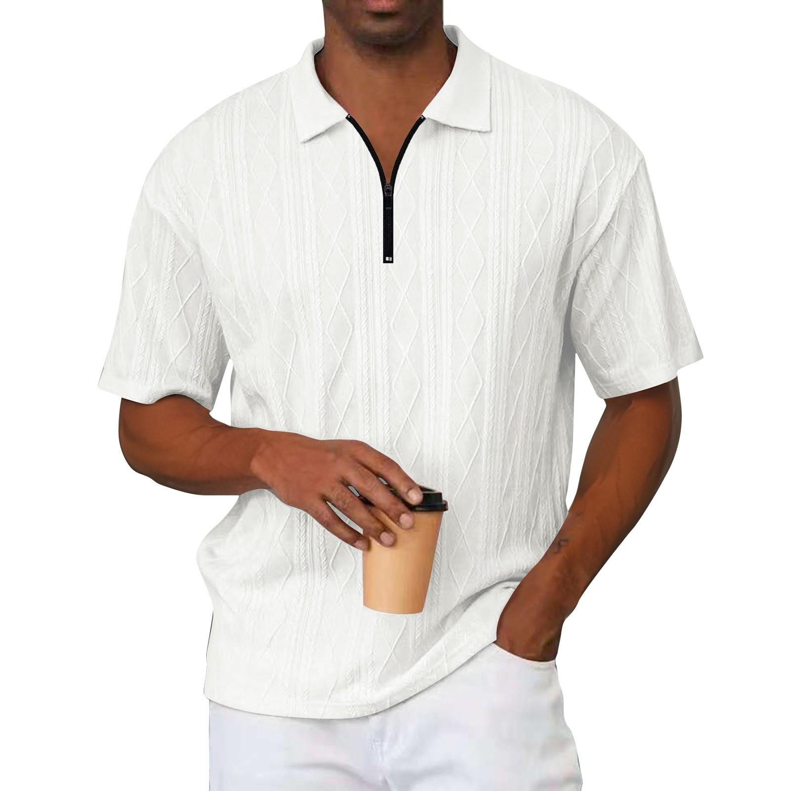 

Мужской летний однотонный вязаный текстурный топ свободного кроя с коротким рукавом и воротником на молнии XL белый