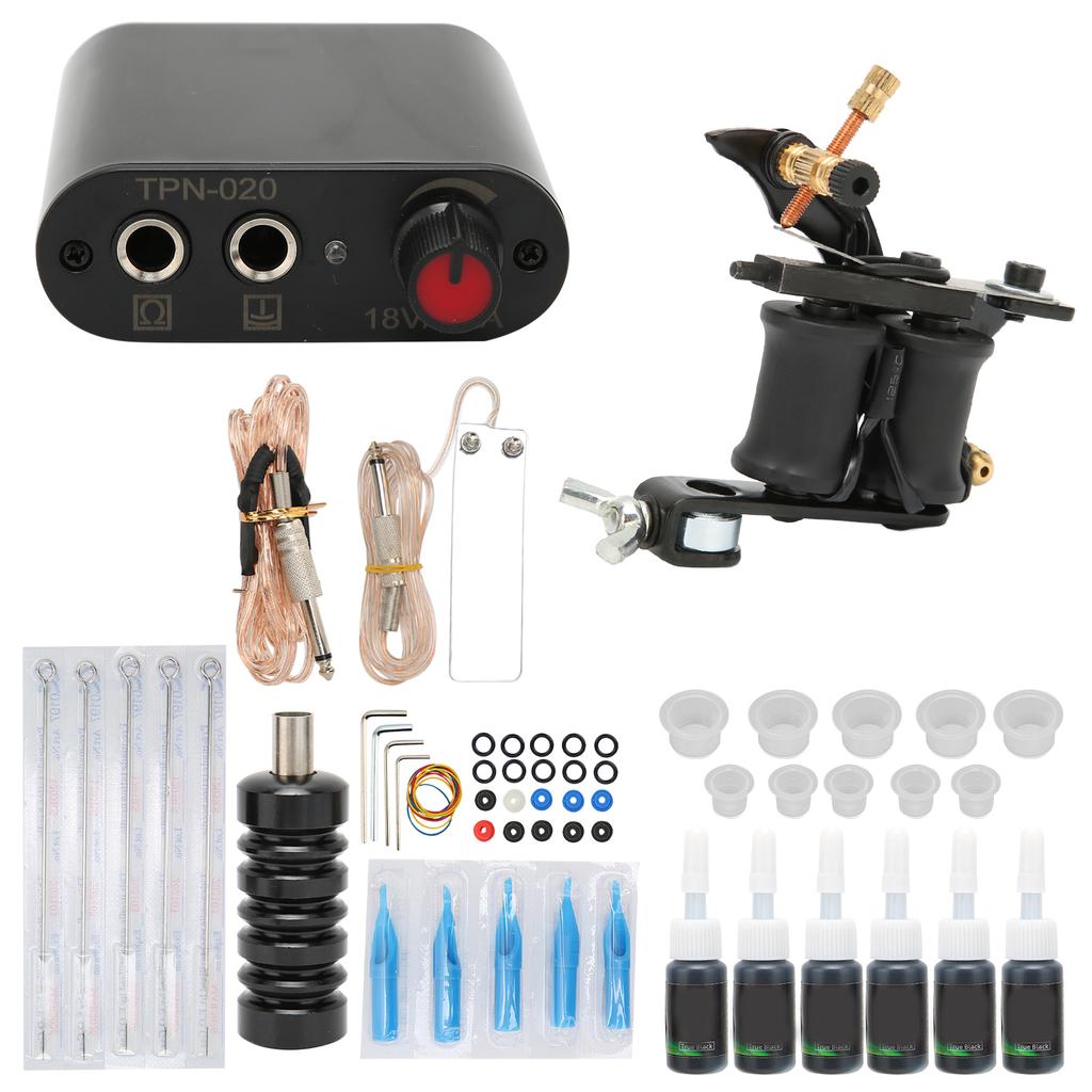 Complete Starter Tattoo Kit Professional Coil Tattoo Machine Power Supply 6 Ink Needles Grips