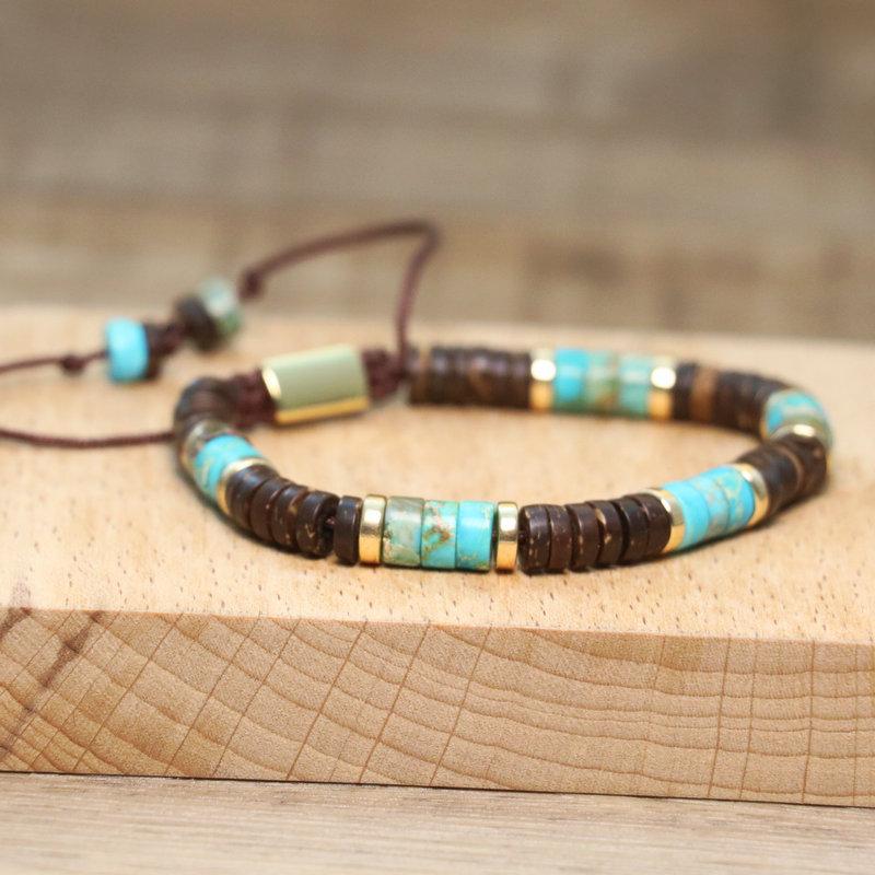 Turquoise Coconut Shell Beaded Bracelet – Gold Accent Adjustable Boho Jewelry, Natural Stone Healing Gift for Men & Women