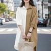 Women Casual Turn Down Collar Loose 3/4 Sleeve Patchwork Shirt Dress