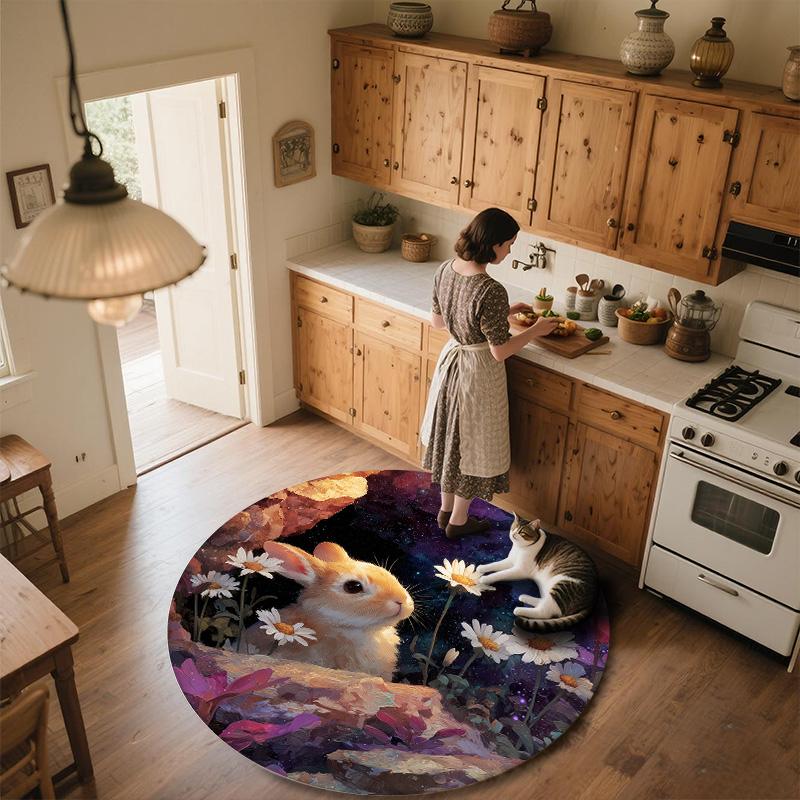 Rabbits in Flower Bush,Round Area Rug,Carpet Rug for Living Room Bedroom Sofa Playroom Decor,Non-slip Floor Mat