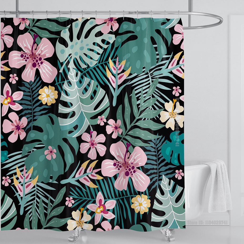 Bohemian Shower Curtain Tropical Jungle Wildlife Bathroom Set Modern Pink Aesthetic Parrot Floral Bathroom Curtain With Hooks