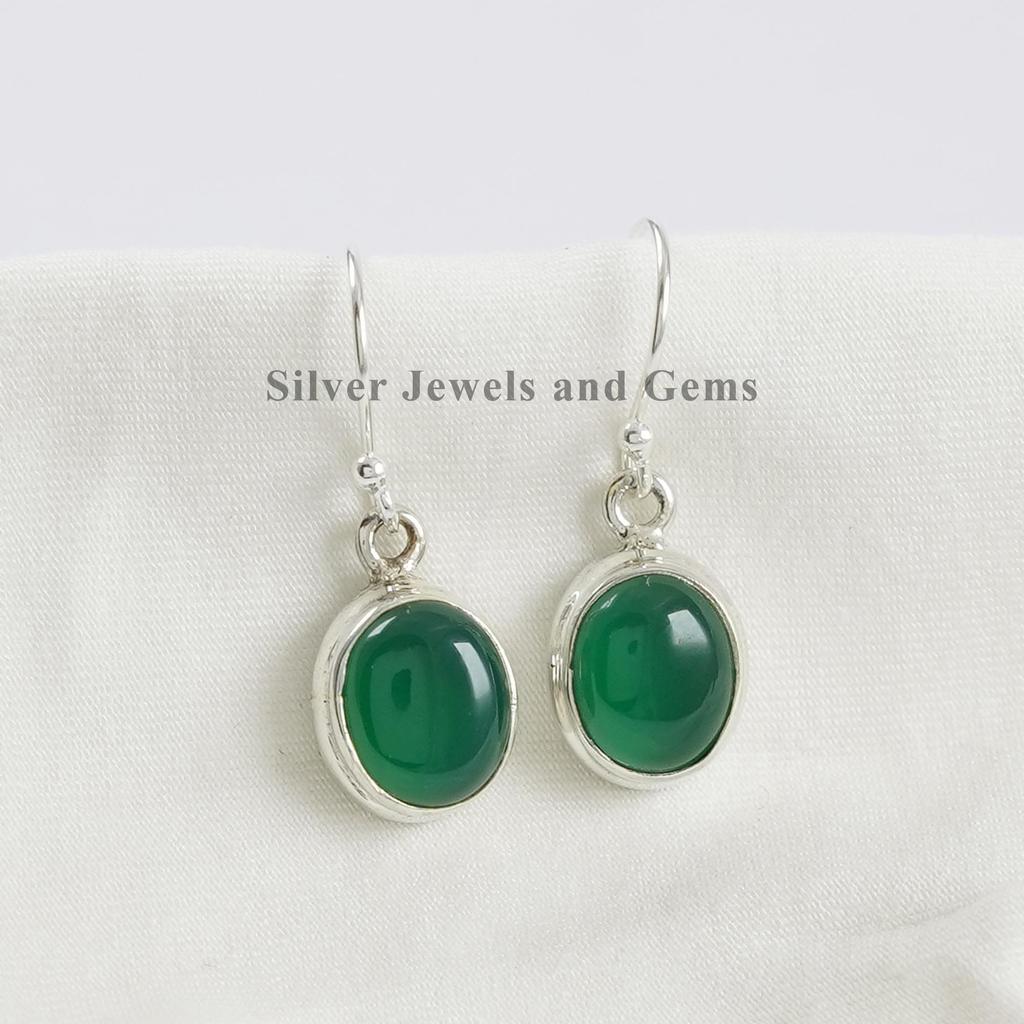 Green Onyx Earrings: Handmade 925 Sterling Silver Dainty Oval Gemstone
