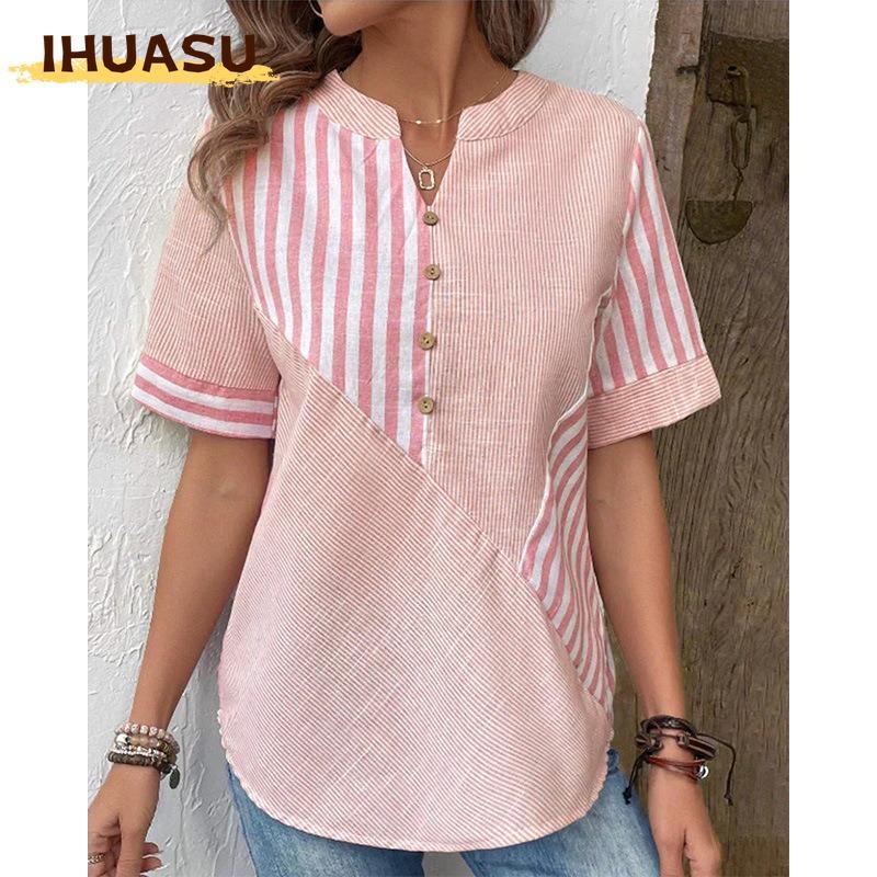 IHUASU Moda Donna Casual Manica Corta Scollo a V Bluse e Camicie