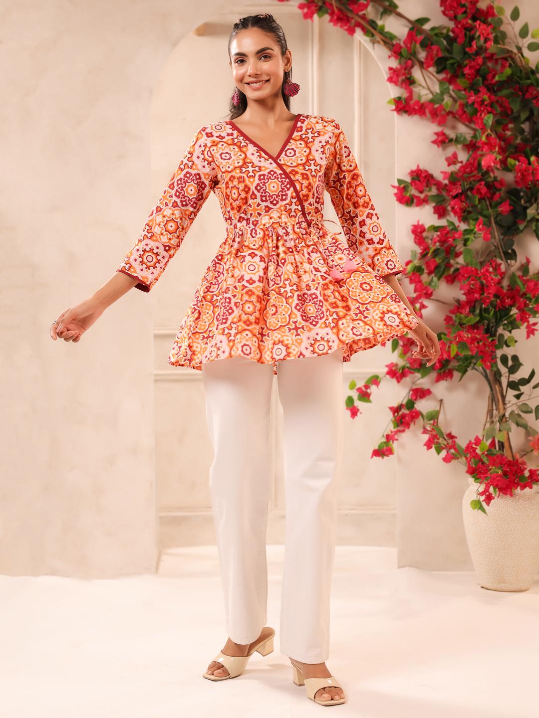 Хлопковый топ с V-образным вырезом, принтом оранжевых цветов и люрексом S оранжевый