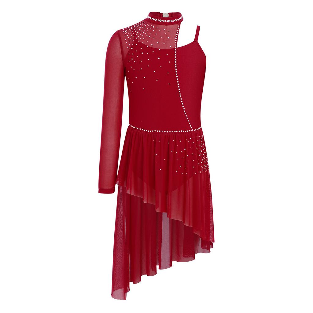 Children’s Dance Dress One Shoulder Long Sleeve Mesh Patchwork Spaghetti Straps Irregular Hem Asymmetrical Style for Lyrical Routine