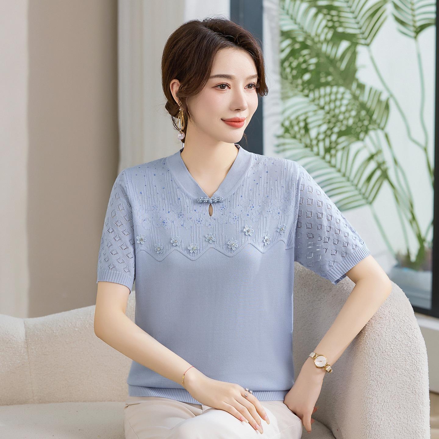

Elegant Chinese Style Ice Silk Short Sleeve Top for Women in 50s & 60s – Lightweight Knit T-shirt 2XL (recommended 110-120 jin) синий