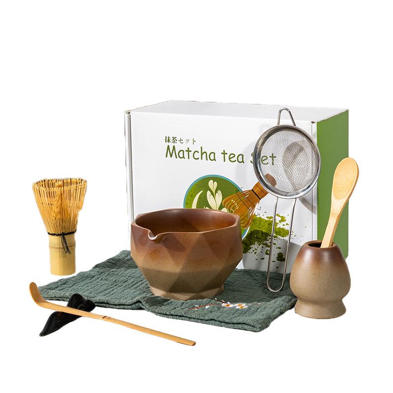 5-8pcs INS coarse pottery gradual change color tea stand matcha bowl set to order tea retro Matcha whisk set of tea tools