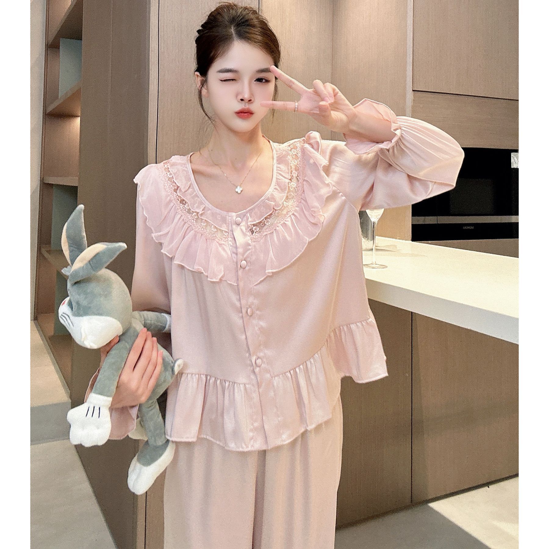 

French ice silk pajamas women s long-sleeved trousers sweet princess style suit spring and autumn pajamas loungewear women can wear outside xl 60-72.5kg