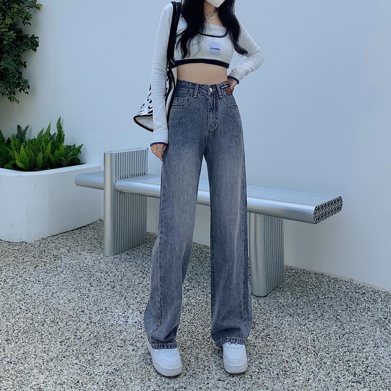 Women s High-End Retro Wide-Leg Jeans: Spring/Autumn, Slimming, High-Waisted, Loose, Floor-Length 2XL