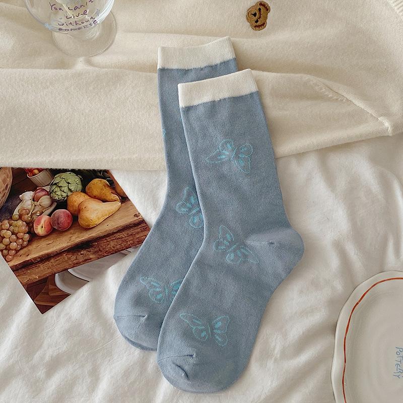 

Женские осенние носки нового стиля, милые, с двойным бантом, в тон, кружевные, трубчатые 1 pair синий