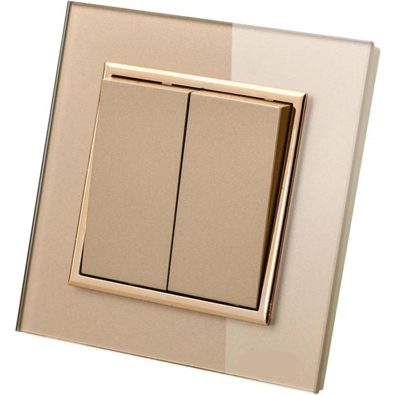 Luxury Crystal Tempered Glass Panel Gold Wall Switch Flame Retardant 2 Gang 1 Way Wall Rocker Switch On / Off WESA