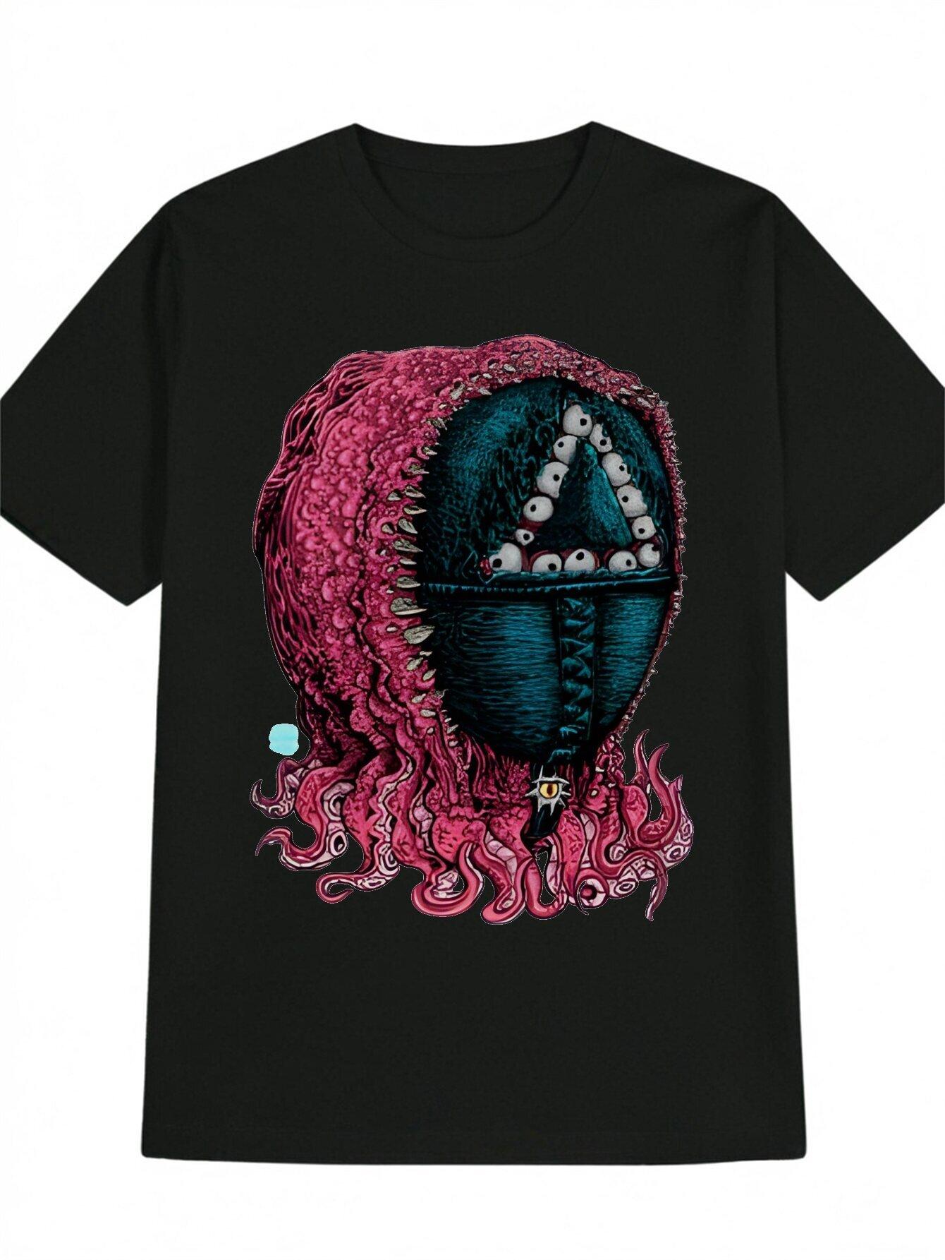 

Casual Graphic Print T-shirt - Black Round Neck Summer Tee with Vibrant Pink & Teal Artwork S