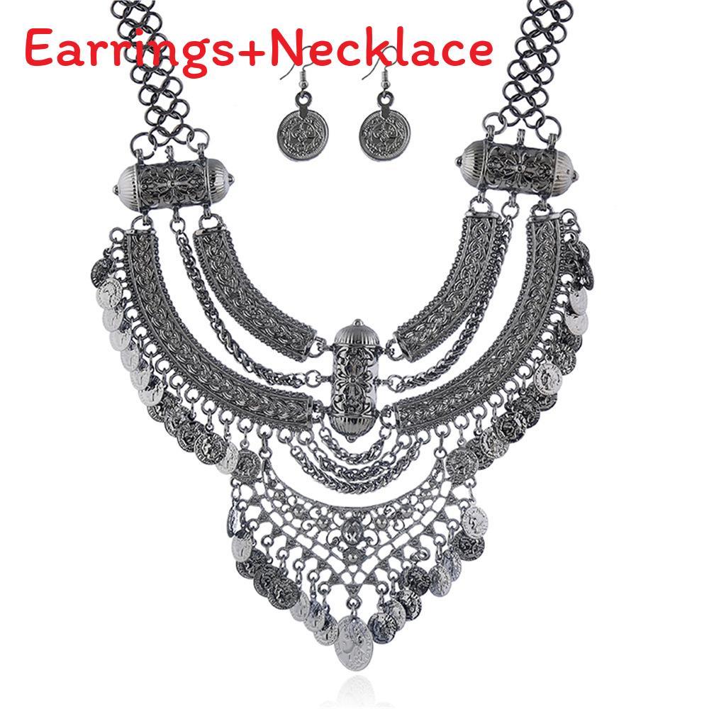 Coin Finish Antique Necklace Earrings With Bold Chain Women Elegant Accessories