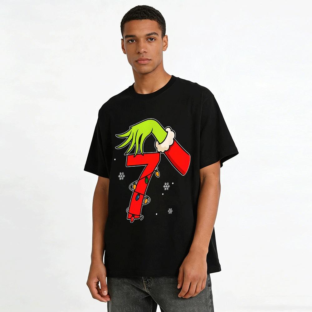 Der Grinch Hand Nummer 7 Weihnachtslicht Druck Feiertags Oberteil Reines Baumwoll T-Shirt