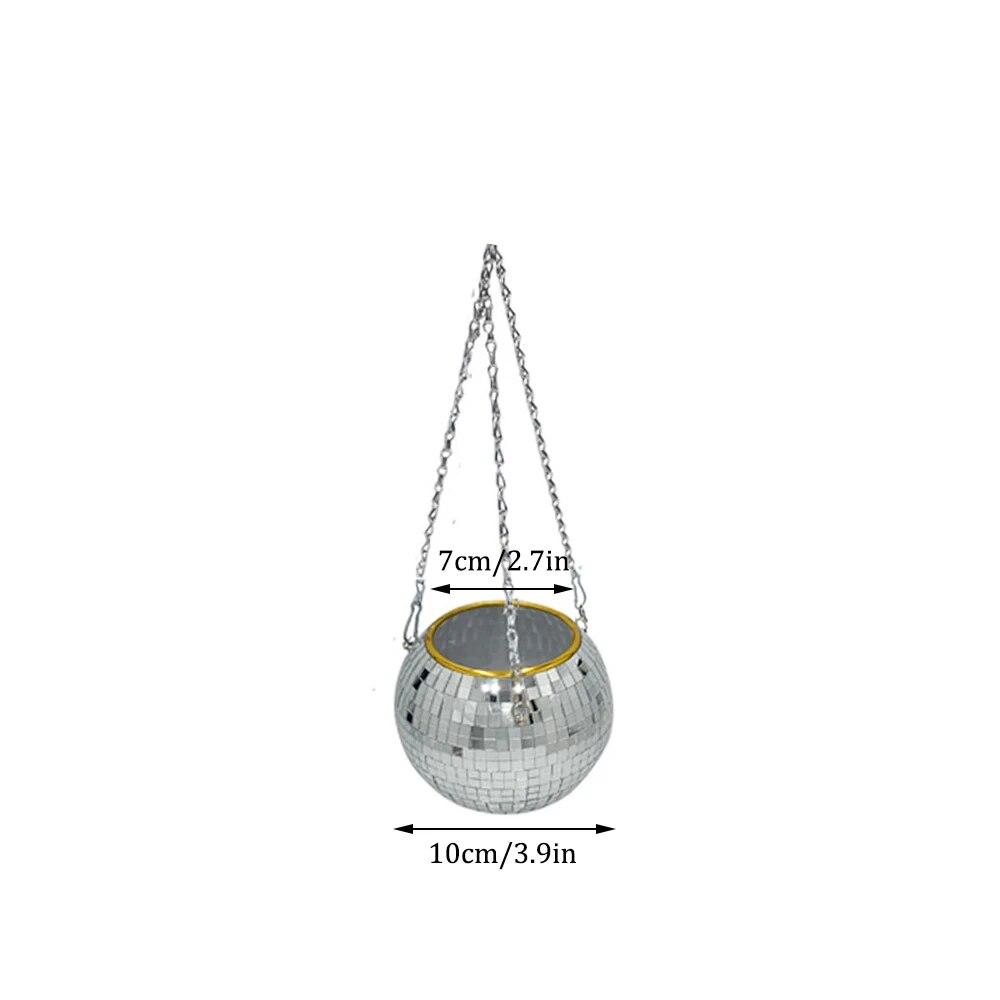 1PC Disco Ball Creative Round Flowerpot Hanging Basket Plastic Glass Mirror Plant Planting Pot Succulent Slivery