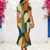 Women Plus Size V Neck Short Sleeve Green Khaki Geometric Printed Fitted Fishtail Dress