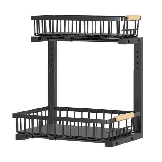 Unterschrank-Aufbewahrungsregal mit zwei ausziehbaren Ablagen, höhenverstellbar, ausziehbarer Metall-Organizer für Badezimmer und Küchenspüle mit Griff