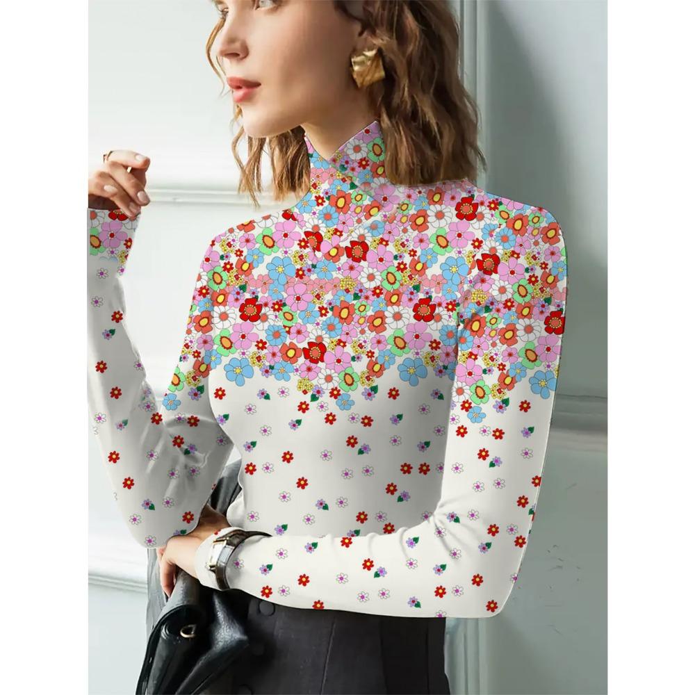 Women's Cheongsam Collar Long-sleeved T-shirt, Regular Version, with Small Flower Print, Spring and Autumn Collection