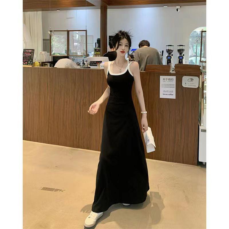Black suspender dress women's summer new American Spice Girl long French coffee break skirt waist temperament suspender skirt
