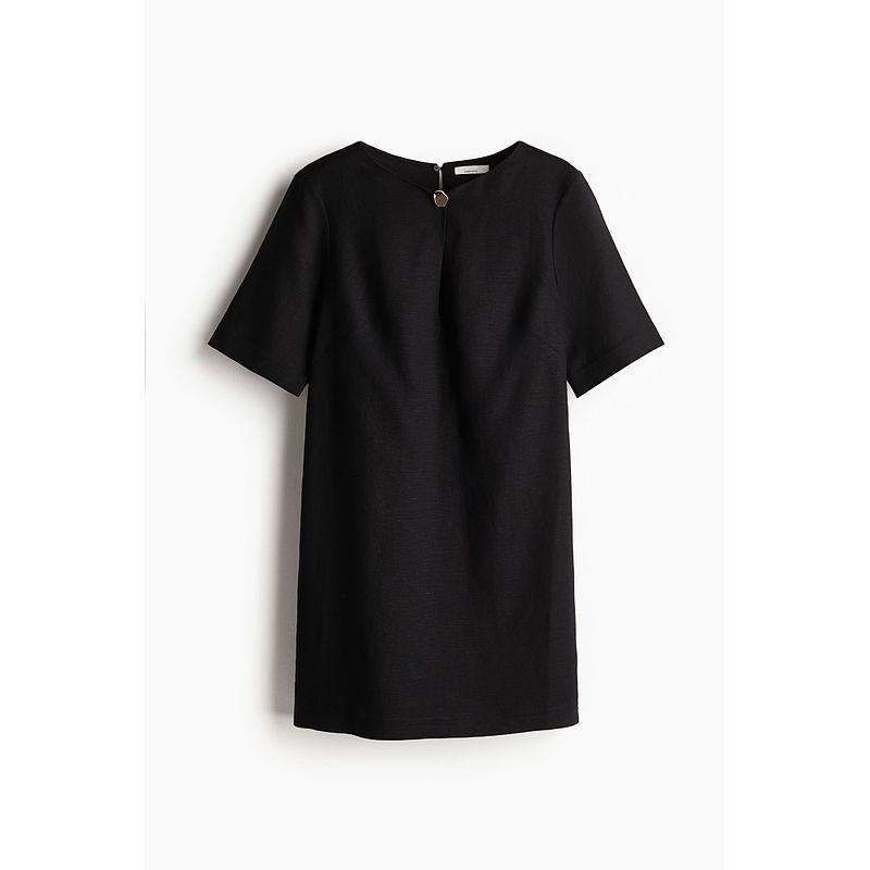 

HM Women s Clothing Dress 2025 Autumn New Arrival Linen Blended Short Sleeve round Neck Straight-leg Short Skirt 1289839 Black 170/116(XL)