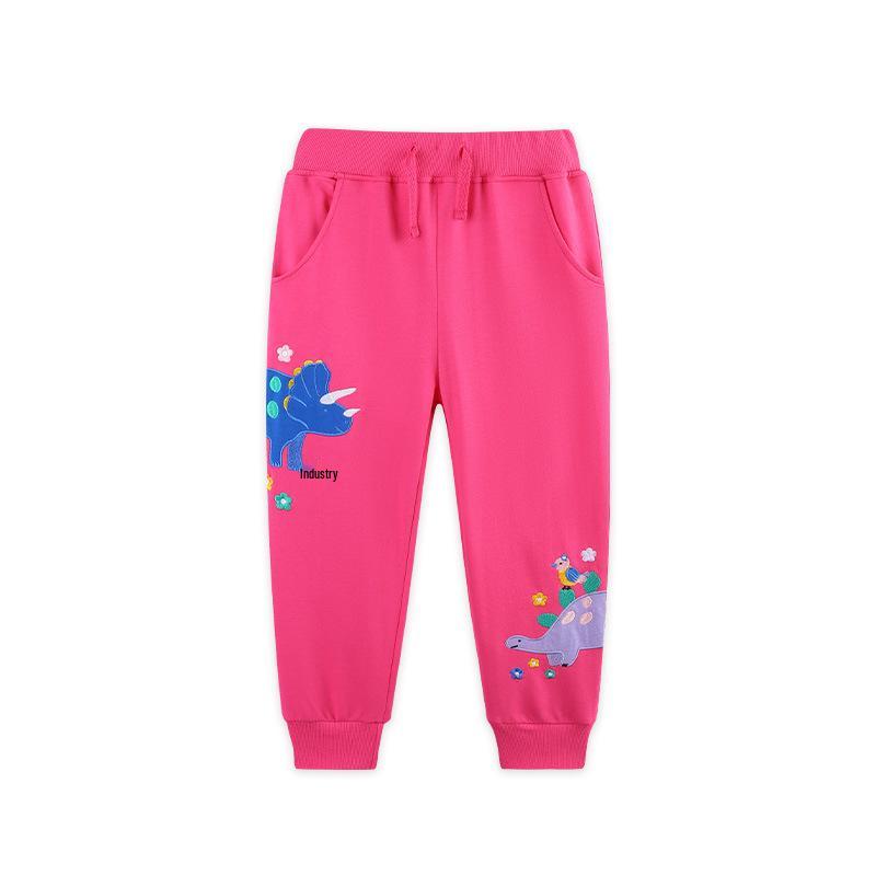 Autumn Children s Joggers: Cartoon Dinosaur Embroidered Girls Long Pants in European and American Style 3Y