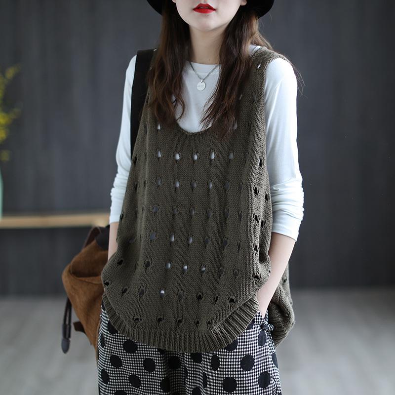 Spring/Summer Hollow Knitted Sweater Vest for Women Loose Casual Sleeveless Knitted Vest for Women