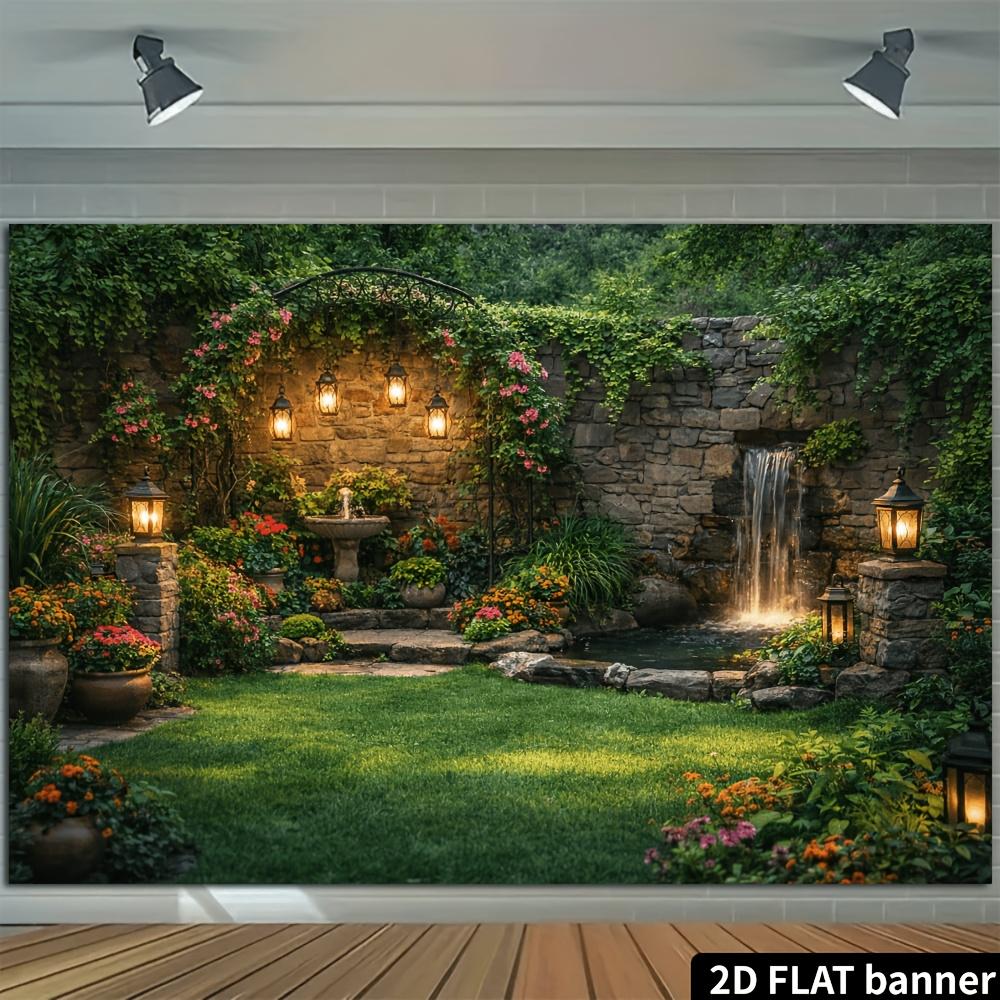 2D stone wall flowing courtyard background cloth stone wall vines warm light lantern fountain and small waterfall on the right