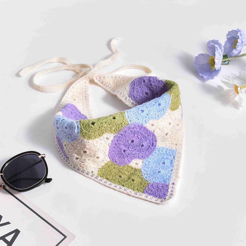 French Pastoral Style Triangle Headband Handmade Crochet Flower Headscarf Hat Knitted Girls Headband Towel