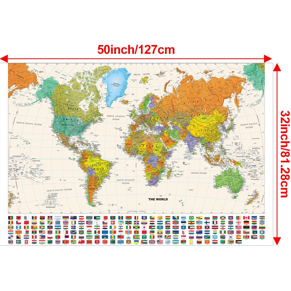 Vintage Colored World Map Wall Hanging Poster Flags of the World Education Chart Canvas Prints Study Room Decoration 32*50inch/81.28*127cm
