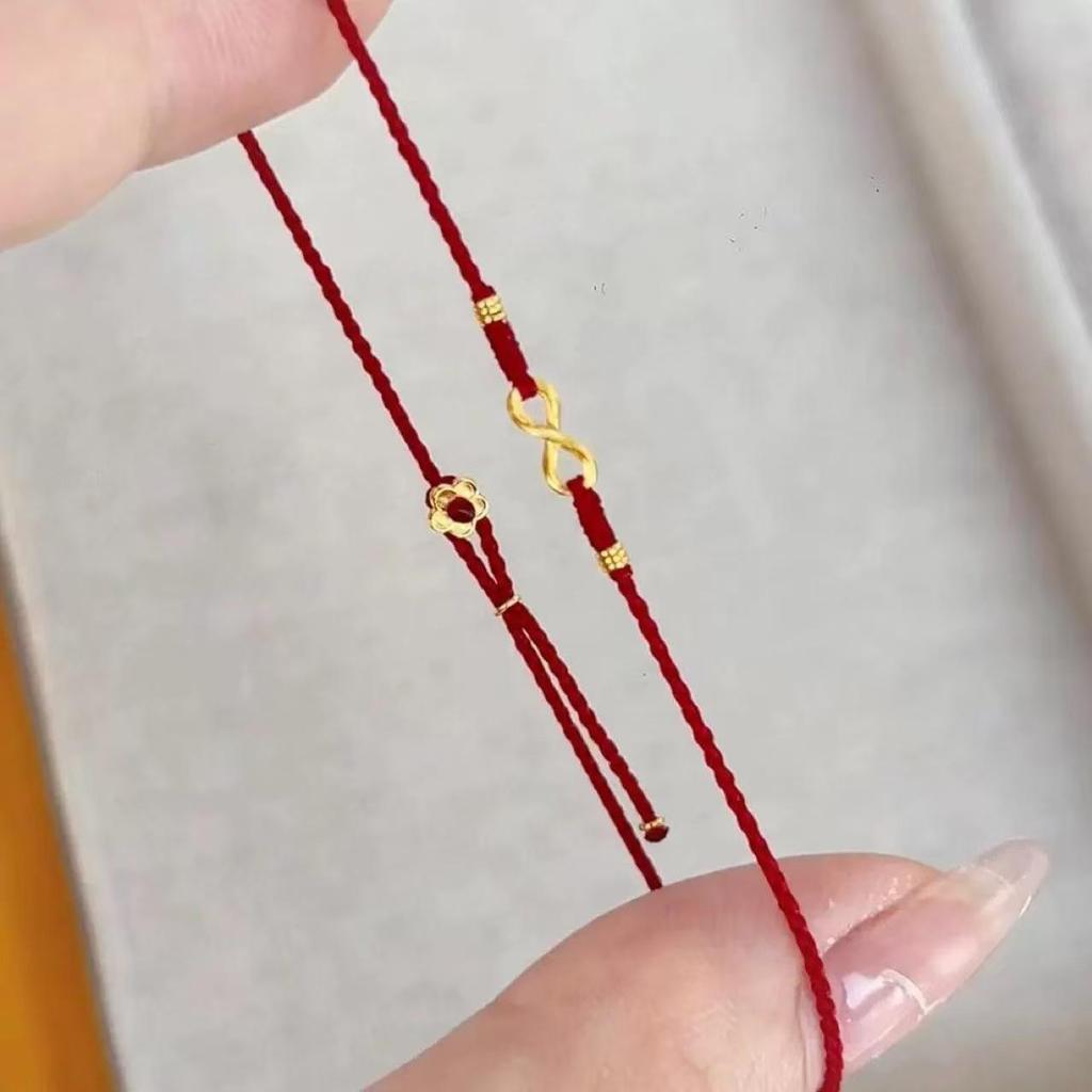 Exquisiteira Pulseira do Zodíaco Dourada Tecida à Mão com Corda Vermelha, Flor da Sorte e Fivela de Cauda Infinita para Mulheres.