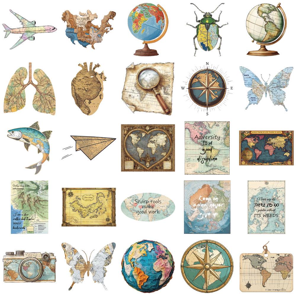 50 Retro Map Stickers: Personalized Decals for Journals, DIY, Water Bottles, and Phone Cases