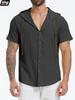 Men's Casual Cotton Linen Short Sleeve Hooded Shirt - Breathable Lightweight Drawstring Hood Button Down Solid Color Summer Beach & Daily Tops