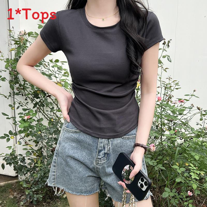 Plain Cotton Short Sleeve T Shirt With Pleated Detail For Casual Wear