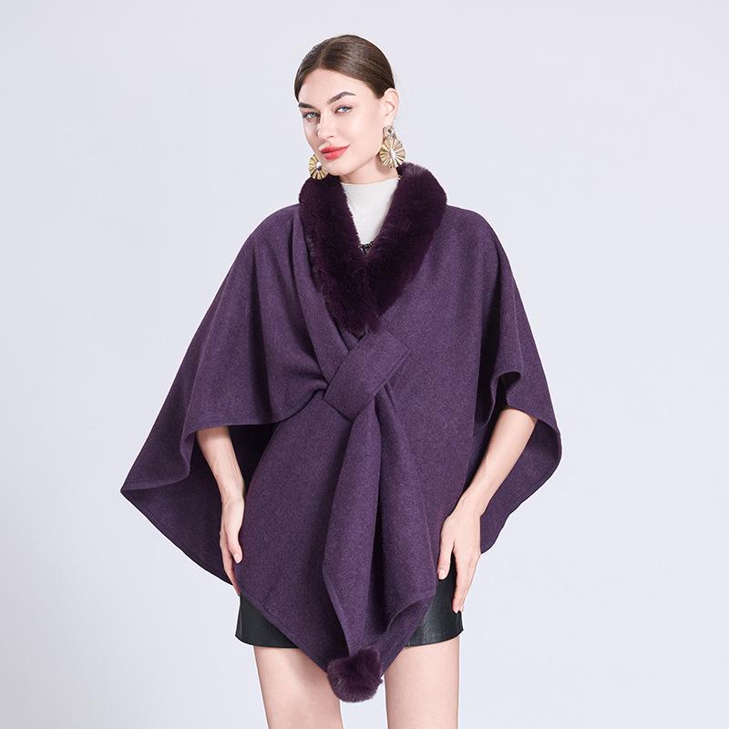 Autumn/Winter Knitted Scarf Shawl Cape with Fur Collar and Pom-Poms (Style 0962#)