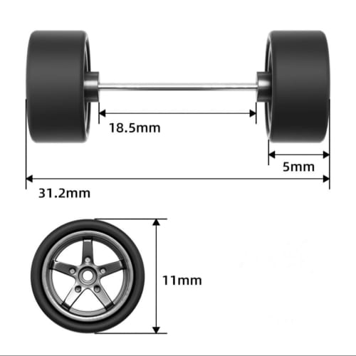 1/64 Scale Custom Wheels (Set of 4) - 5-Spoke, Silver Plated, Gold Plated, Black, and White (AH0110) - Front Tire Outer Diameter: Approx. 11.0mm, Rear
