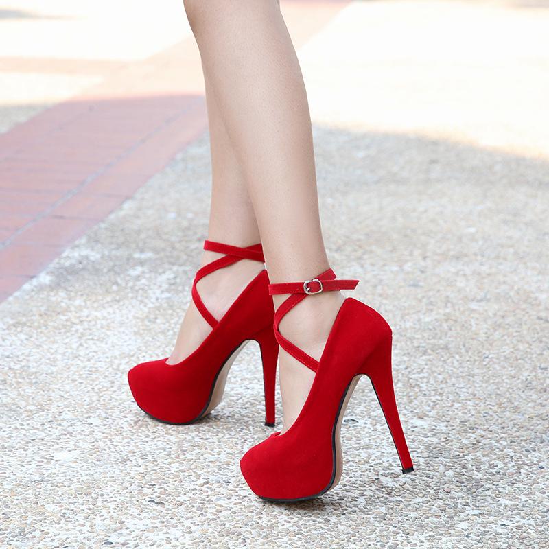 Fashion Elegant Woman Heeled Shoes Platform Fish Mouth Single Shoes Red Black Thin High Heels Ladies Shoes Sexy Ankle Cross Strap Pumps