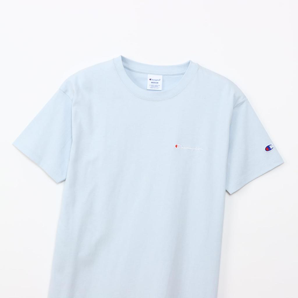 Champion Basic Shirt Short Crew Cotton Script Logo Relax Pale Sax Women's CW-X339 Dress, Sleeve, Neck, USA, Embroidery, Fit,