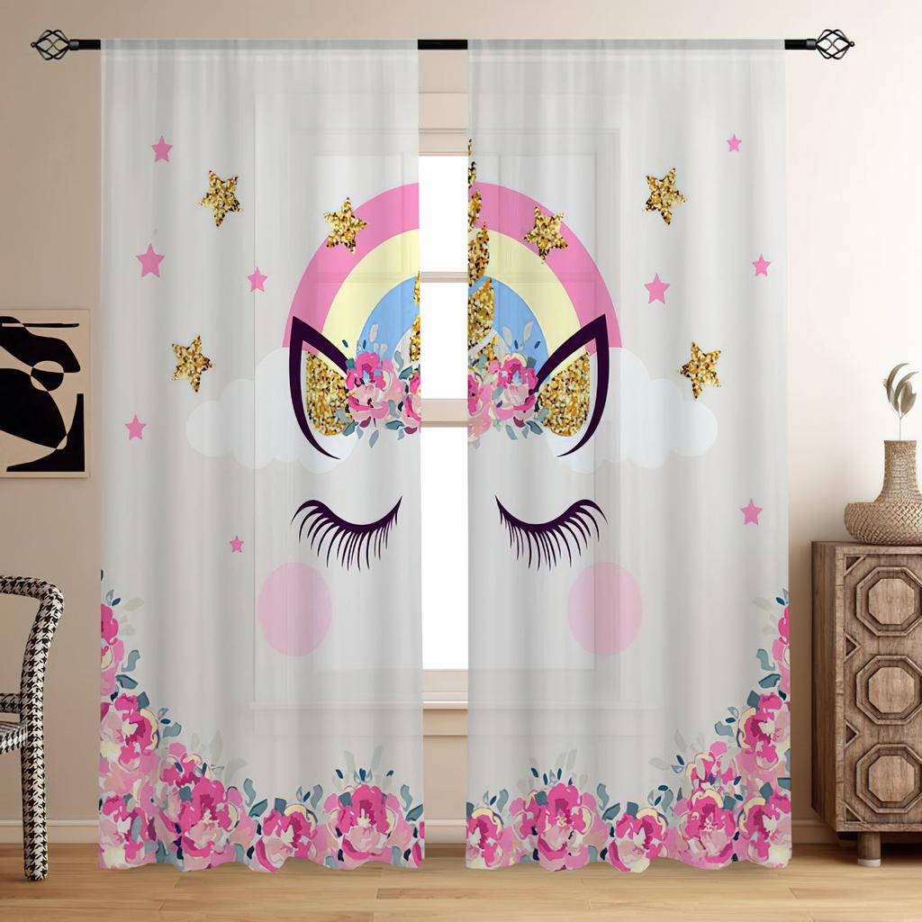 Pink Unicorn Print Curtains, Kids Gift Bedroom Decoration Curtains, High Quality Semi-Blackout Curtains, Home Decoration 2PCS