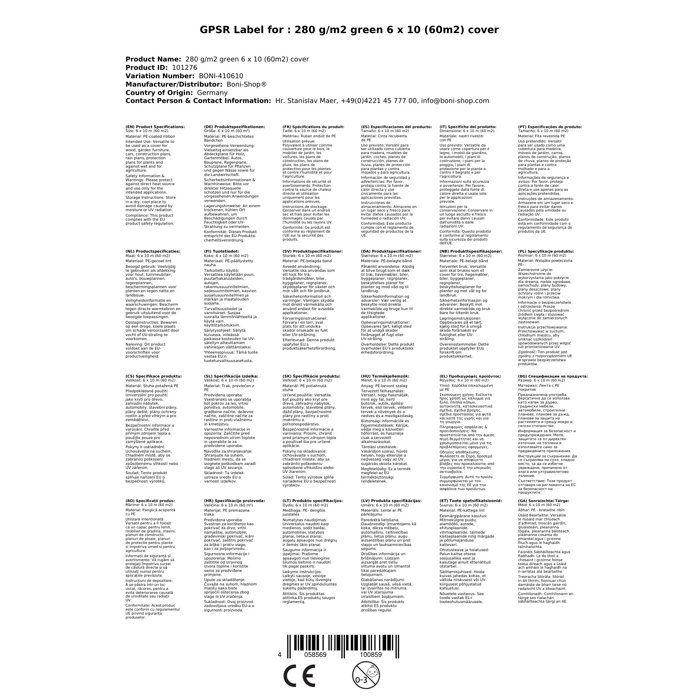 Bâche de protection 280 g/m², bâche étanche verte et résistante, 6x10 (60m²)