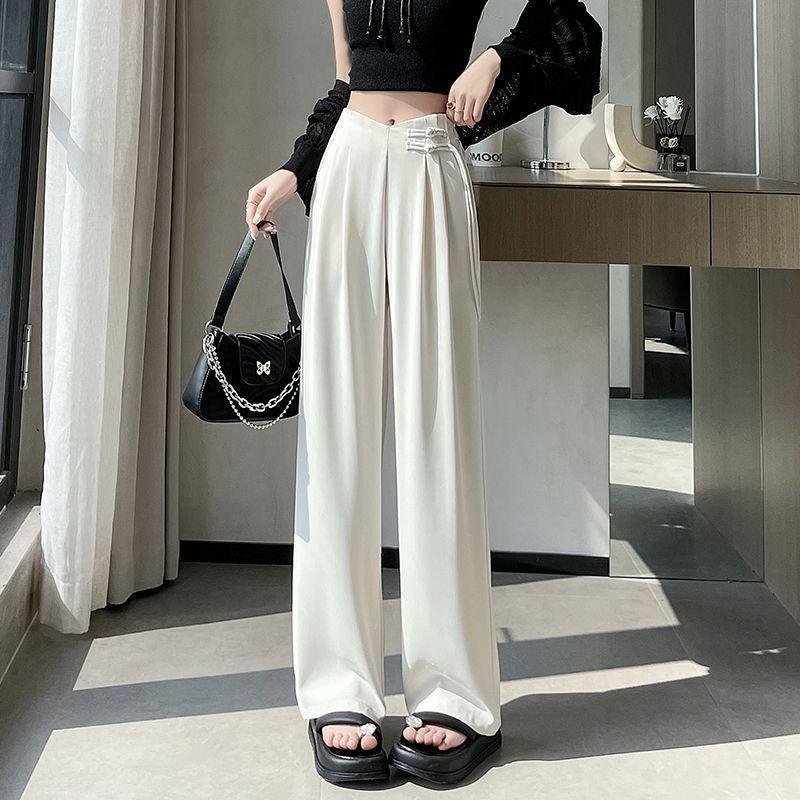 New Chinese Style 2025 Spring/Summer Women's High Waist Plus Size Wide-Leg Pants with Frog Buttons