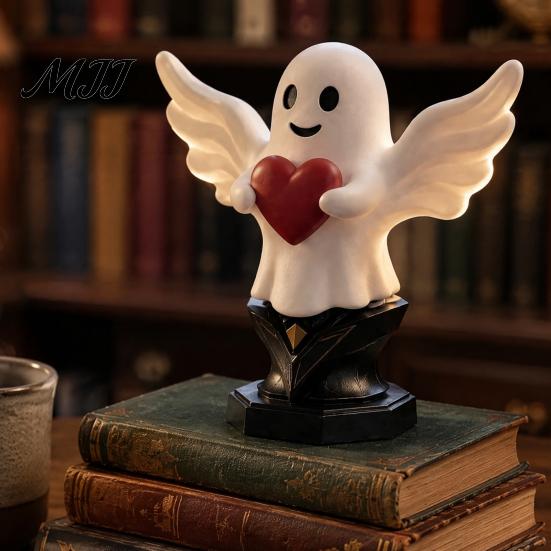 Whimsical Ghost Statue Figurine Angel Statue, Smiling Holding Heart Figurine, Cute Romantic White for Home Sculpture Halloween Valentine's