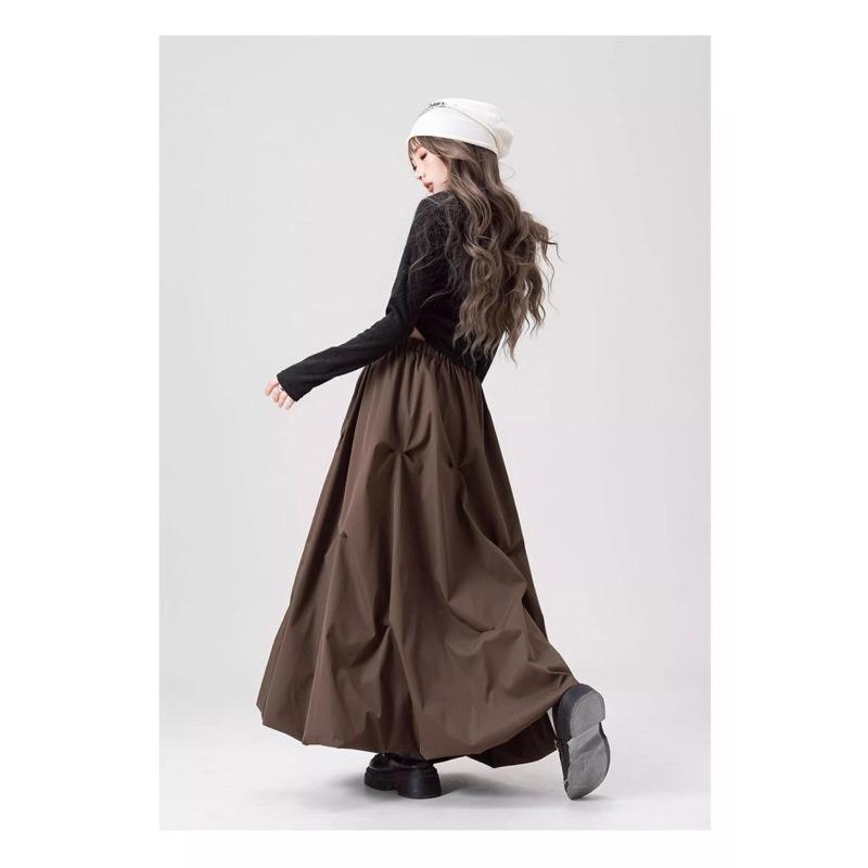 Coffee Brown High Waist Floral Skirt Autumn A Line Flared Pleated Midi Skirt Elegant Fashion Women