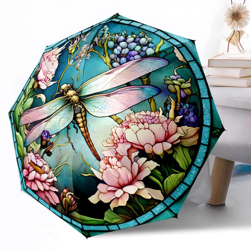 1pc Vibrant Dragonfly Floral Automatic Umbrella with Folding Feature Compact 8 Rib Lightweight Compact Design for Outdoor Daily Use Outdoor Y9