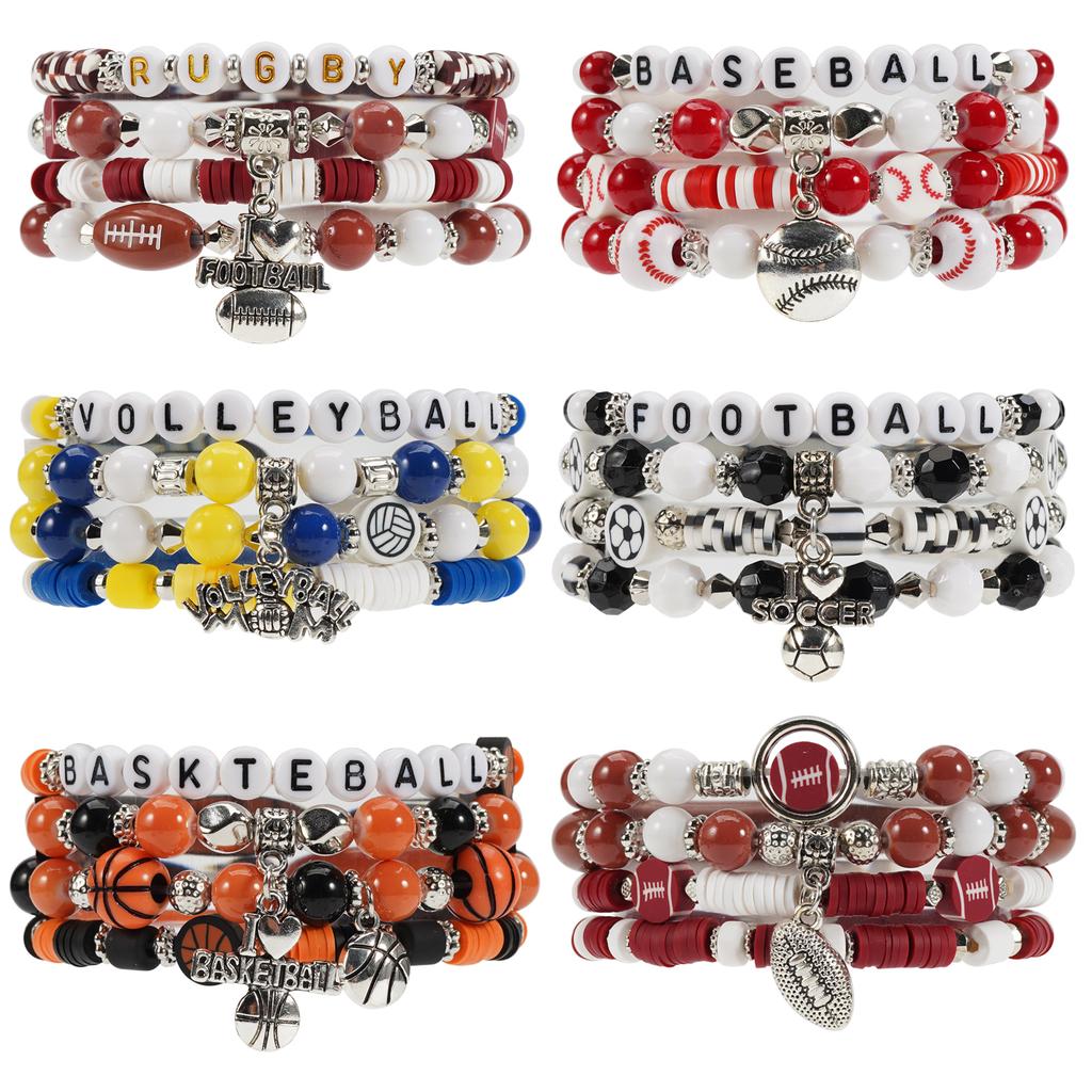 Basketball Football Game Day Bracelets for Women Stackable Heishi Beaded Stretch Bracelet