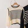 Women's Off-White Retro Patchwork Chiffon Striped Knit Sweater Shirt, One Size, Black, Korean Niche Design.