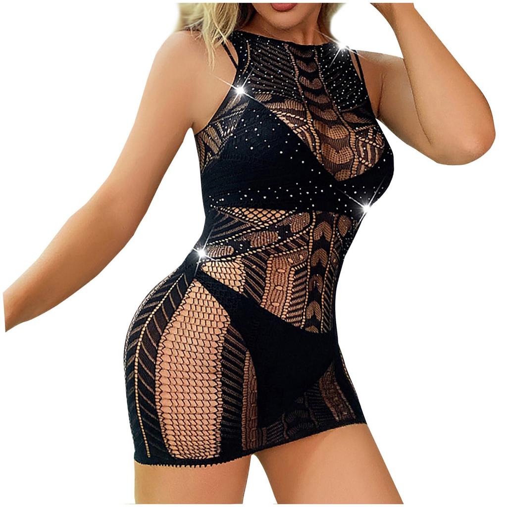 Women Fishing Net Sexy Babydoll Lingerie Sleepwear Rhinestone Studded  Cut-out Tight Dress
