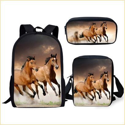 Grasland Pferdemuster dreiteiliges Rucksack-Federmäppchen-Umhängetaschen-Set lässig 3D-bedrucktes Rucksack-Set