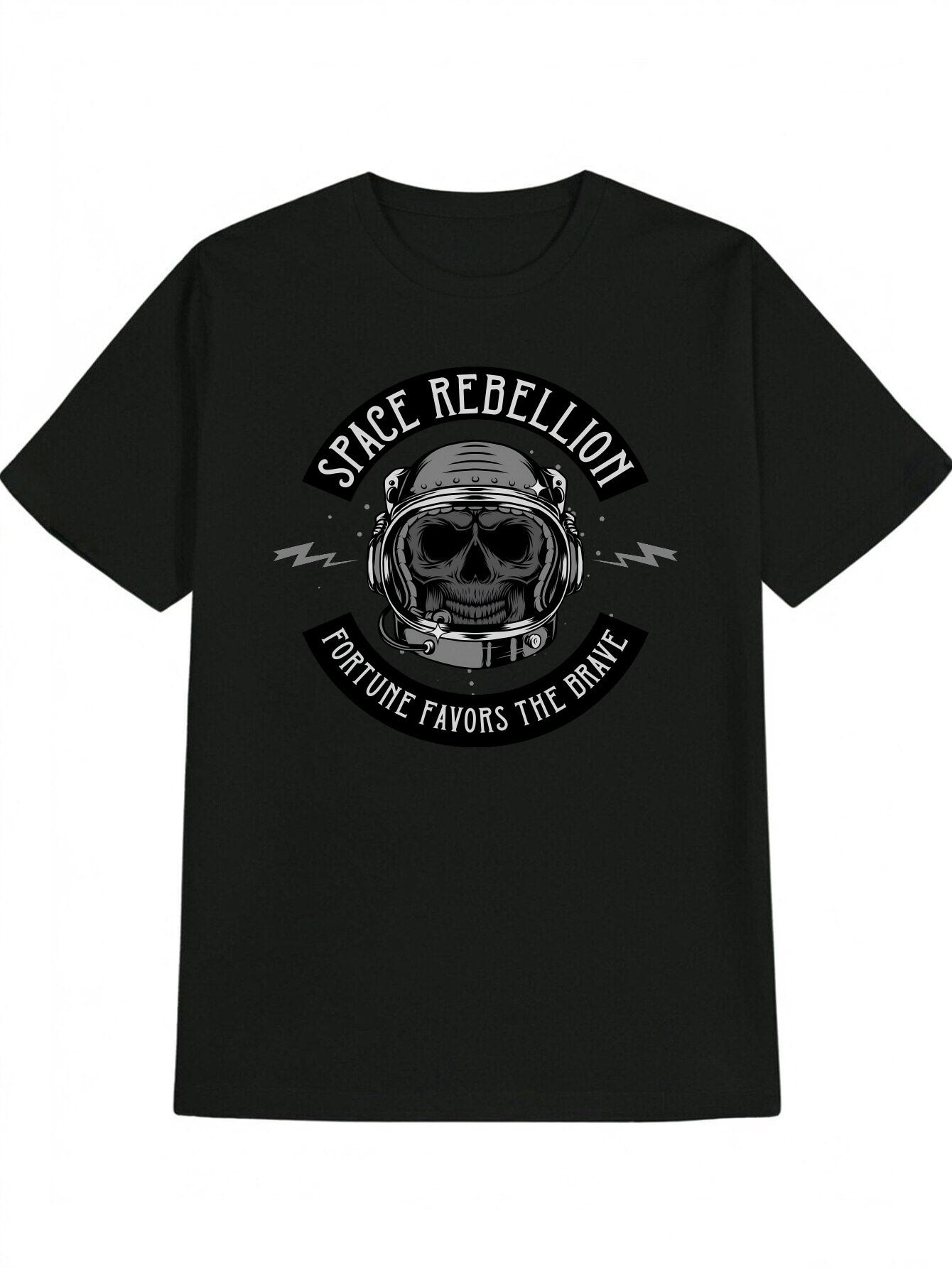 Casual Space Rebellion Graphic T-shirt - Skull Helmet Design with Fortune Favors the Brave Quote M