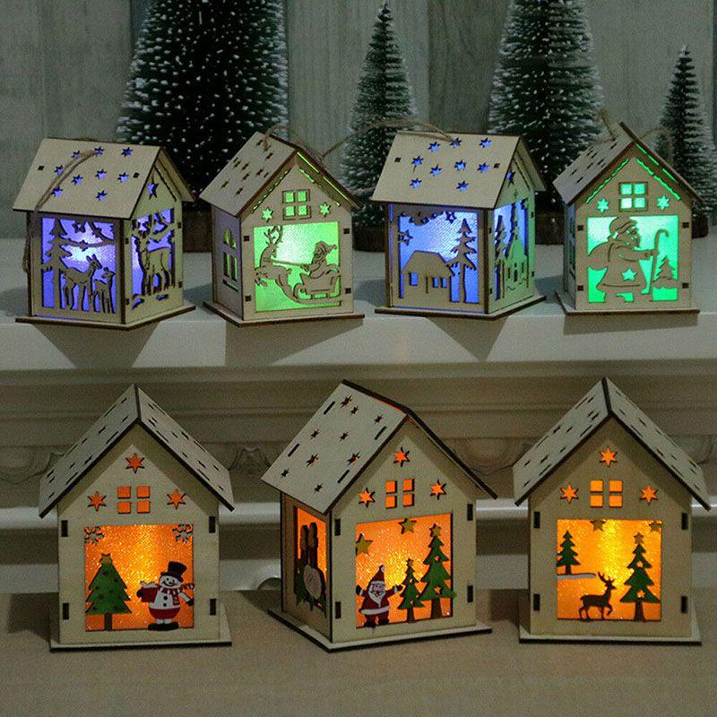 Elegant Led Light Wood House Ornament For Christmas Tree Hanging Decor